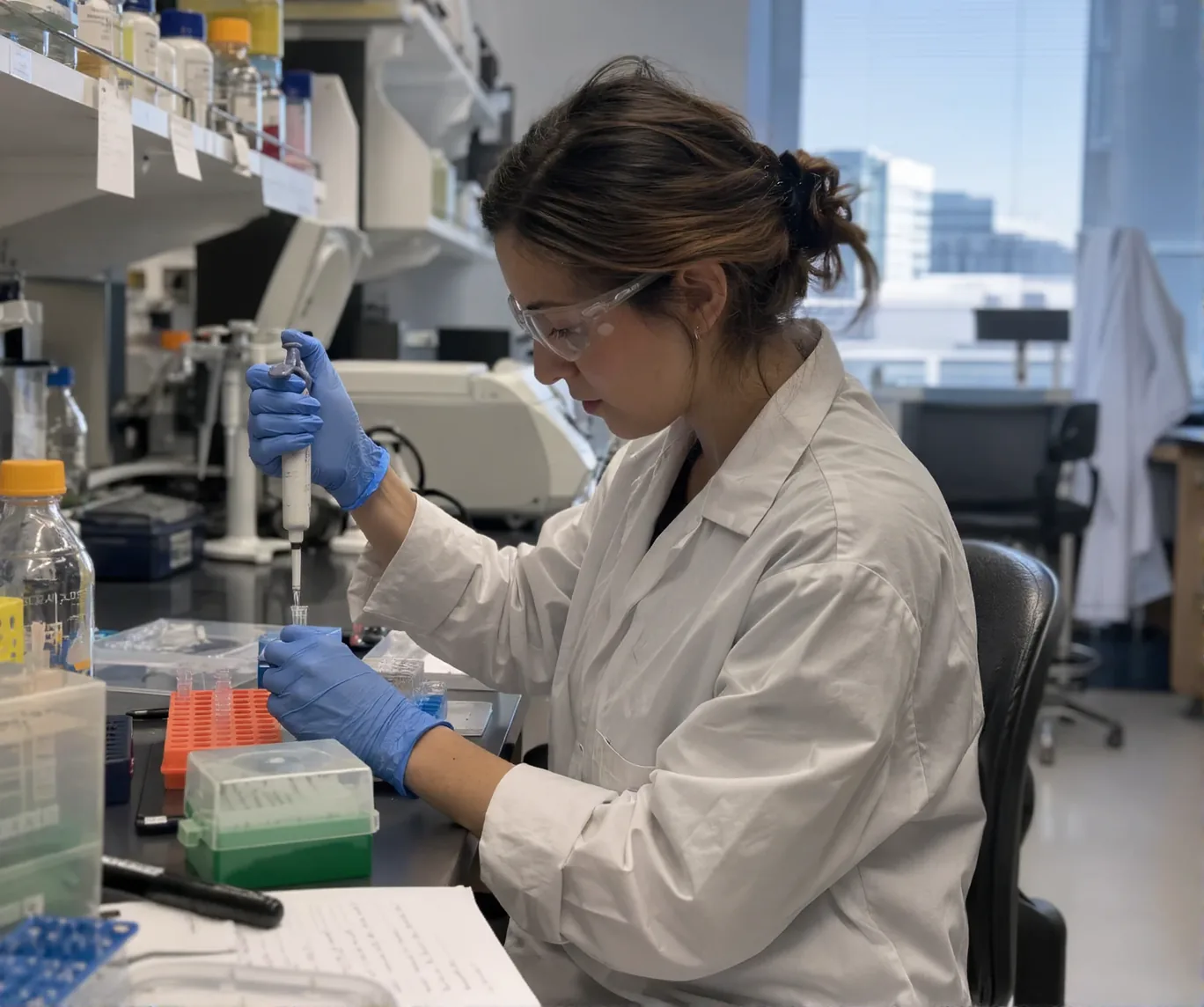 Researcher using a pipette in a laboratory