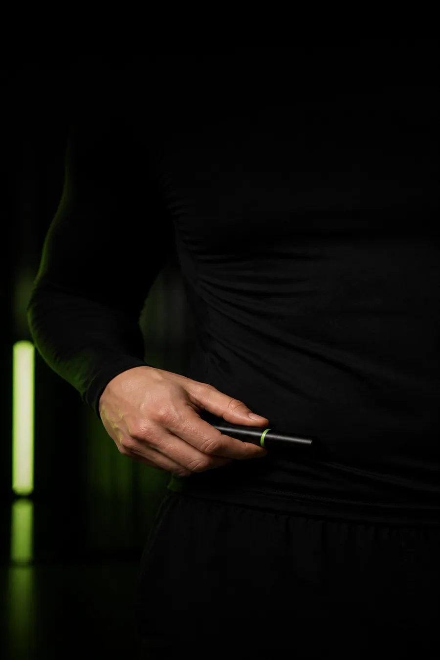 Clothed adult holding a black injection pen near the waist