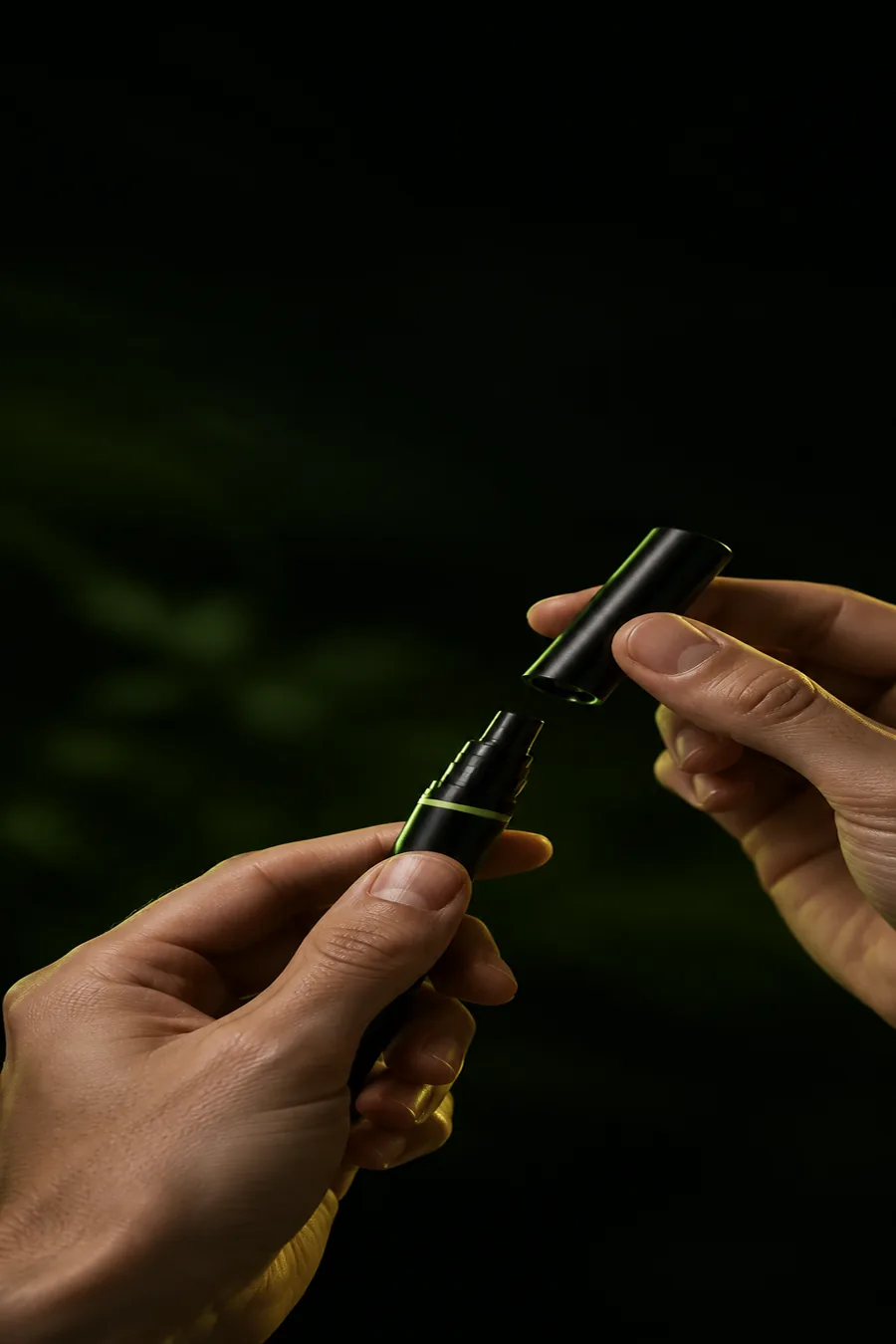 Hands removing the cap from a black injection pen