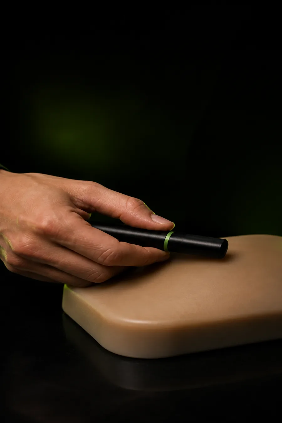 Hand demonstrating an injection pen against a medical training pad