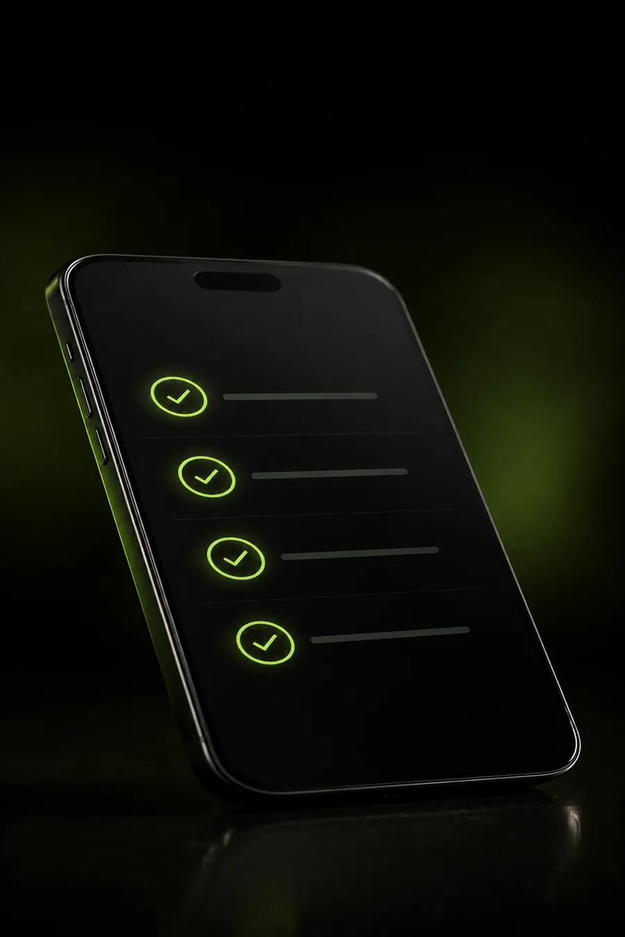 Black smartphone displaying a green progress checklist