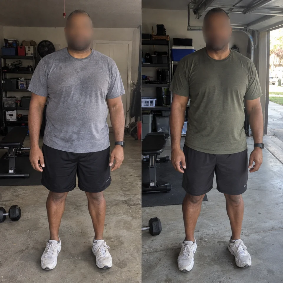 AI-generated paired garage snapshots of a fictional man, with his face blurred in both views