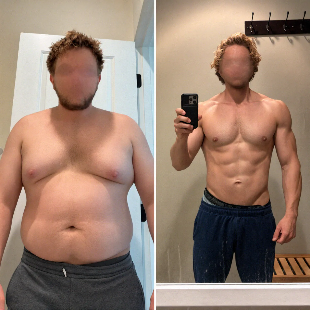 Paired before-and-after photographs of Daniel, with his face blurred in both views