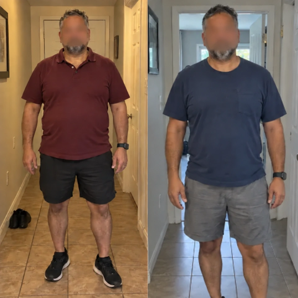 Paired before-and-after photographs of Daniel, with his face blurred in both views