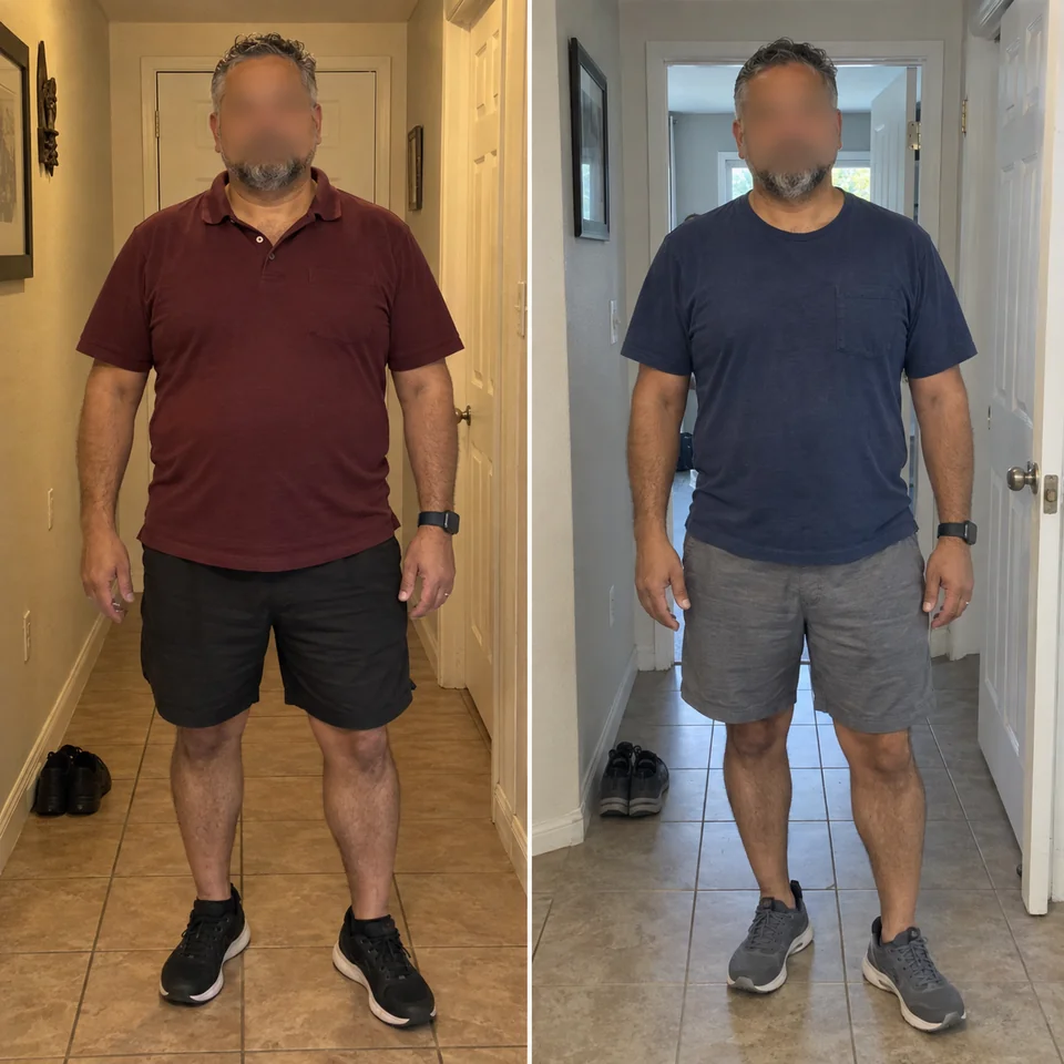 AI-generated paired hallway snapshots of a fictional man, with his face blurred in both views