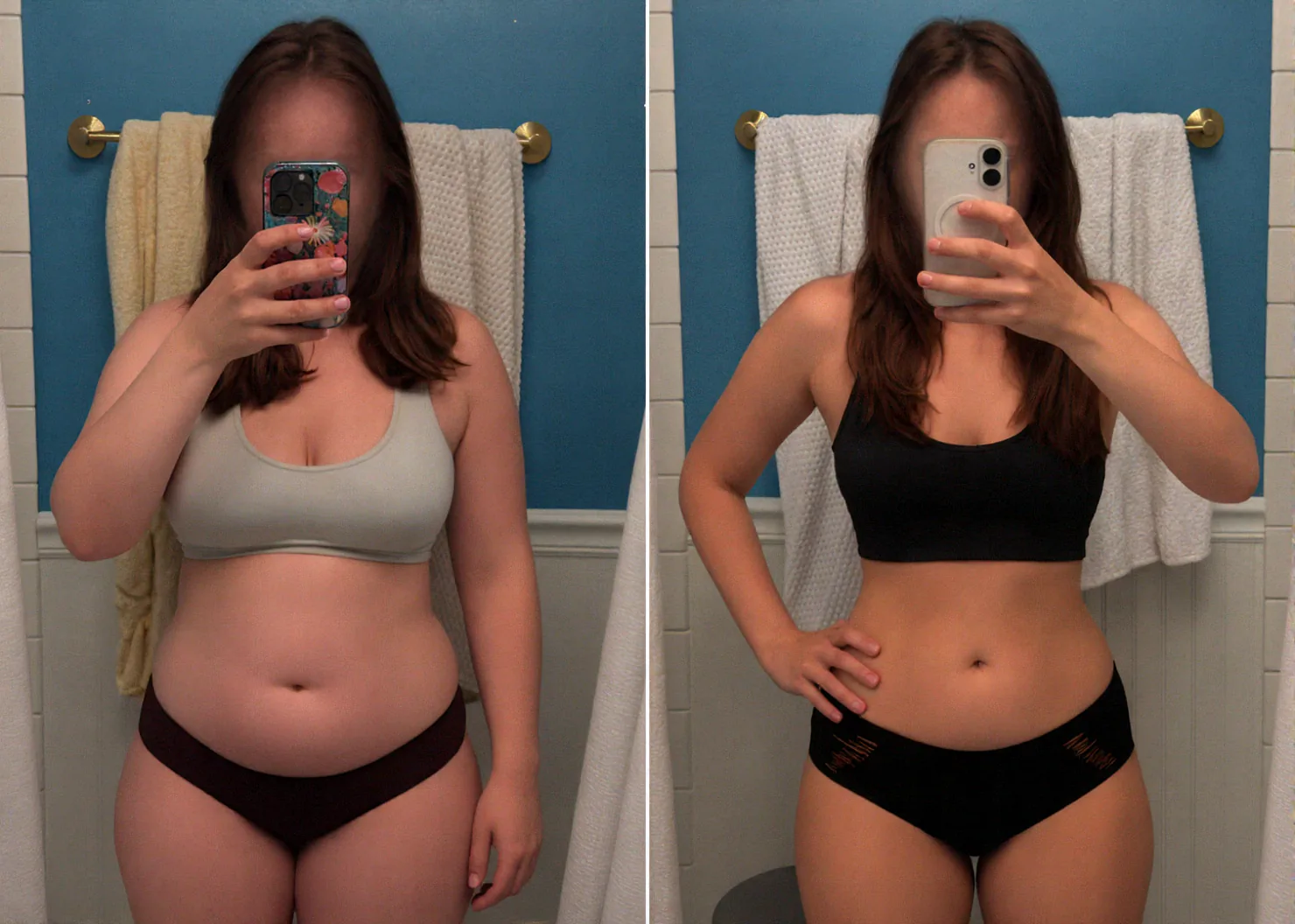 Paired before-and-after photographs of Elena, with her face blurred in both views