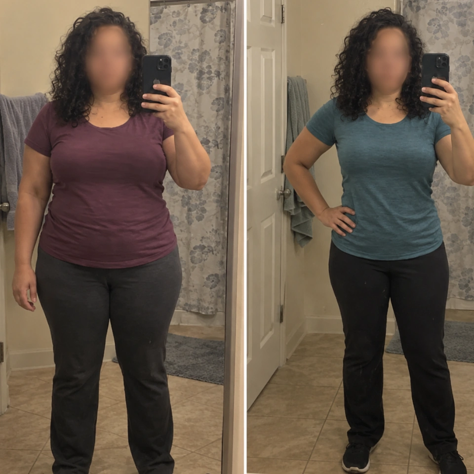Paired before-and-after photographs of Elena, with her face blurred in both views