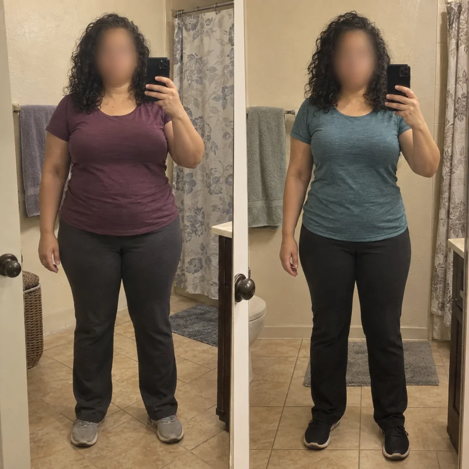 AI-generated paired bathroom mirror snapshots of a fictional woman, with her face blurred in both views