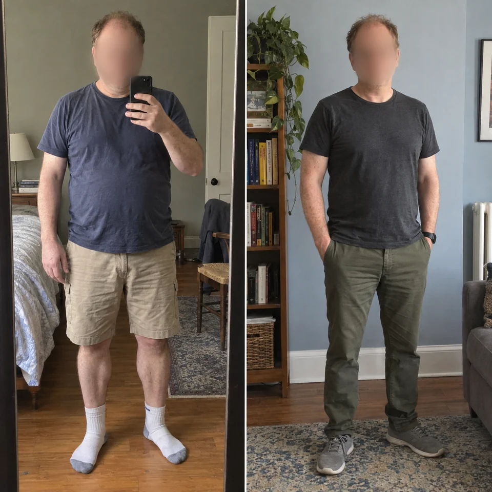 AI-generated paired home snapshots of a fictional man, with his face blurred in both views