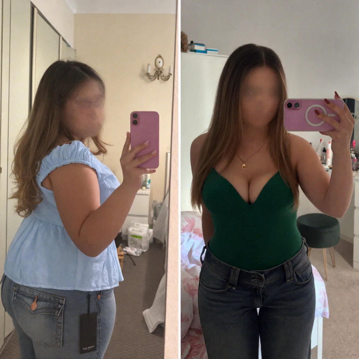 Paired before-and-after photographs of Laura, with her face blurred in both views