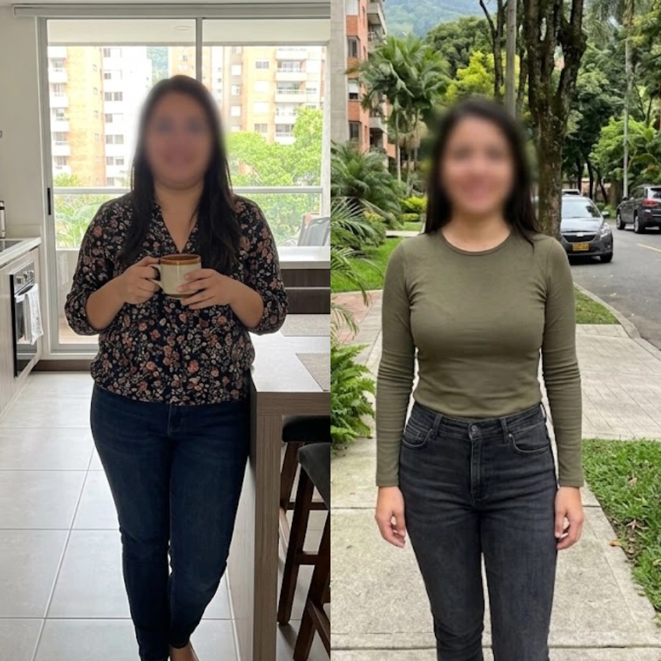 Paired before-and-after photographs of Laura, with her face blurred in both views