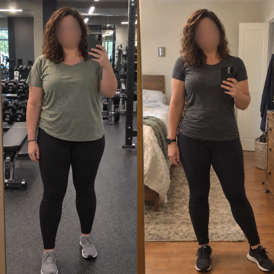 Paired before-and-after photographs of Mara, with her face blurred in both views