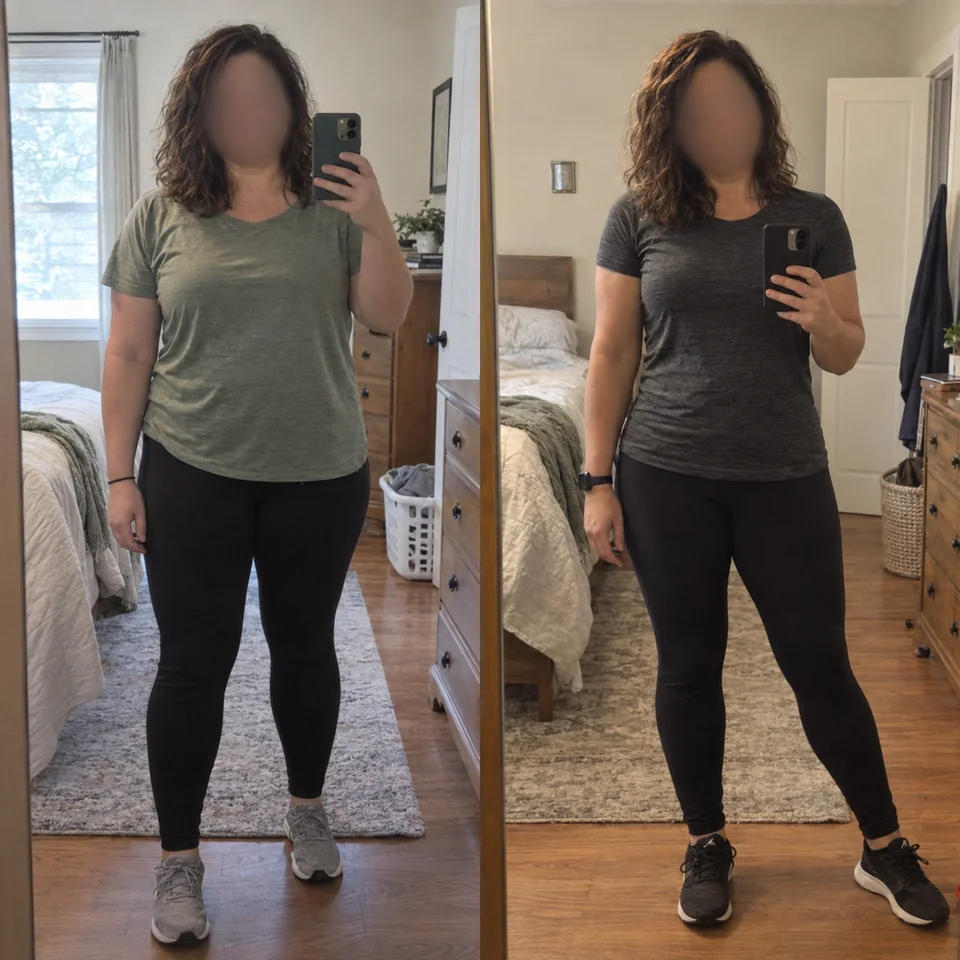 AI-generated paired bedroom mirror snapshots of a fictional woman, with her face blurred in both views
