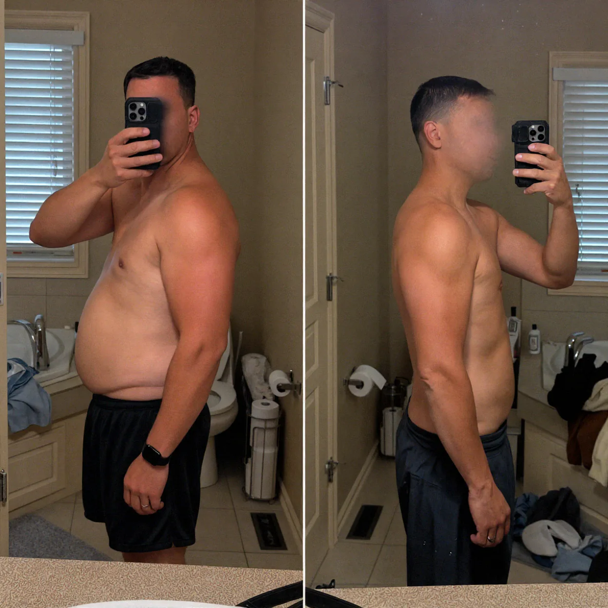 Paired before-and-after photographs of Mauricio, with his face blurred in both views