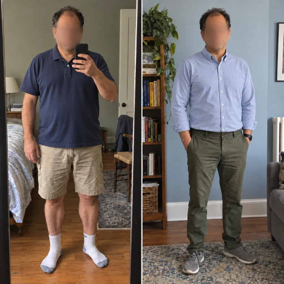 Paired before-and-after photographs of Mauricio, with his face blurred in both views