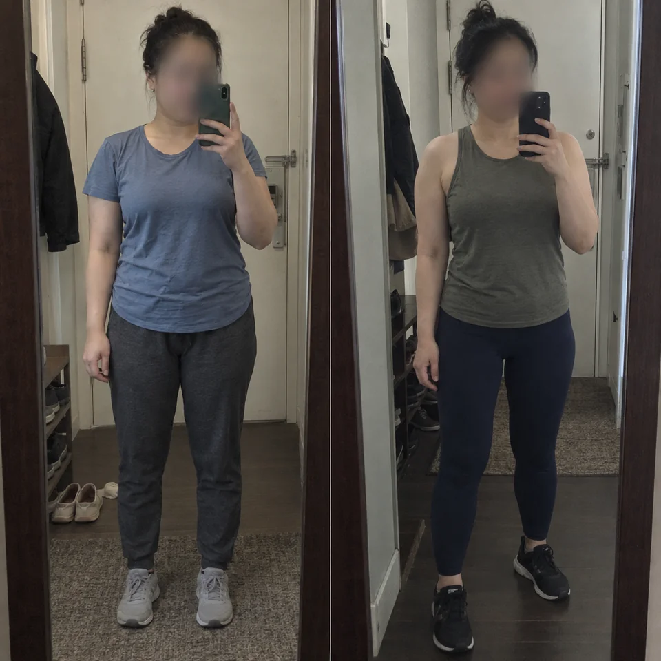 AI-generated paired apartment mirror snapshots of a fictional woman, with her face blurred in both views