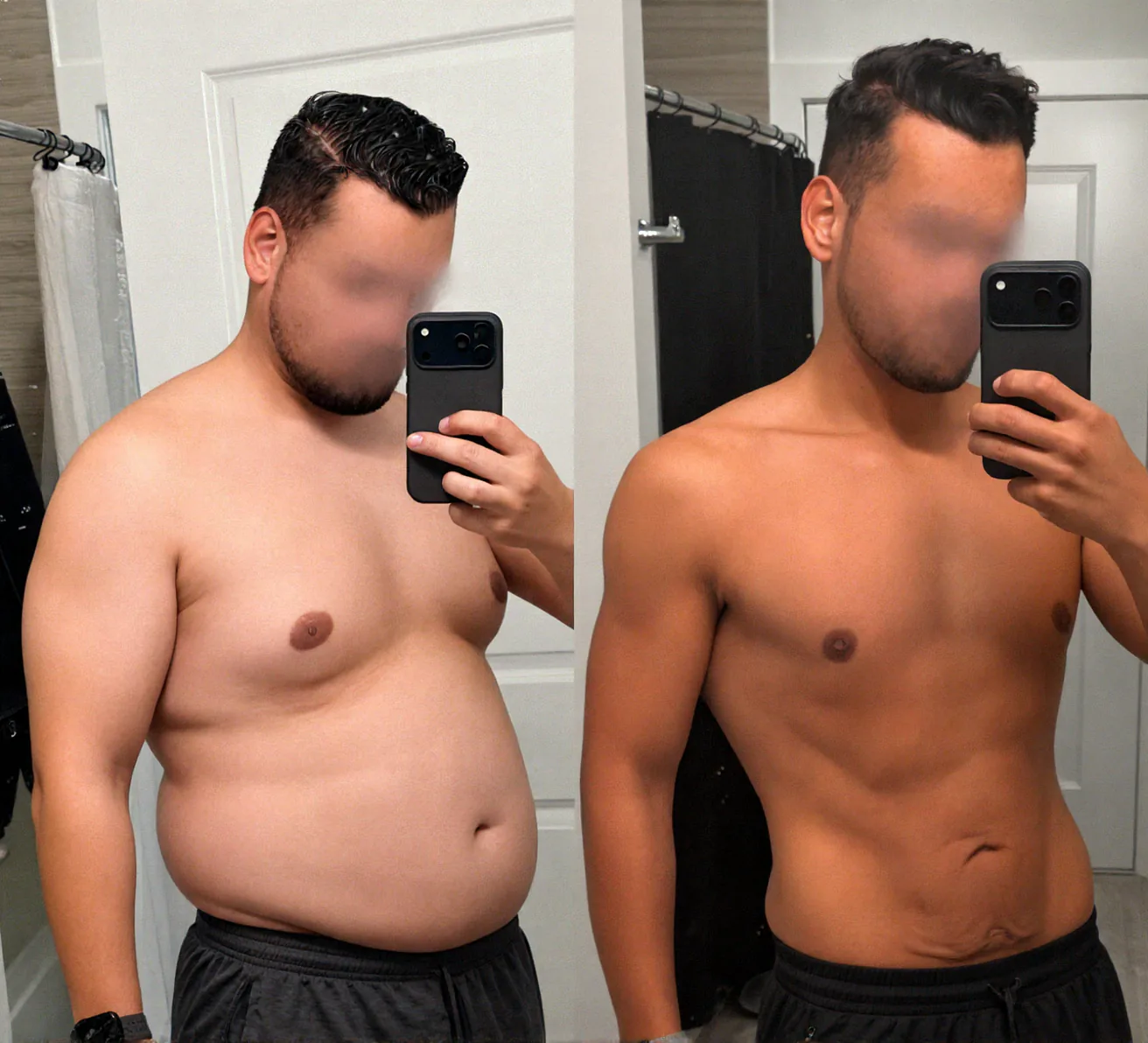 Paired before-and-after photographs of Miguel, with his face blurred in both views