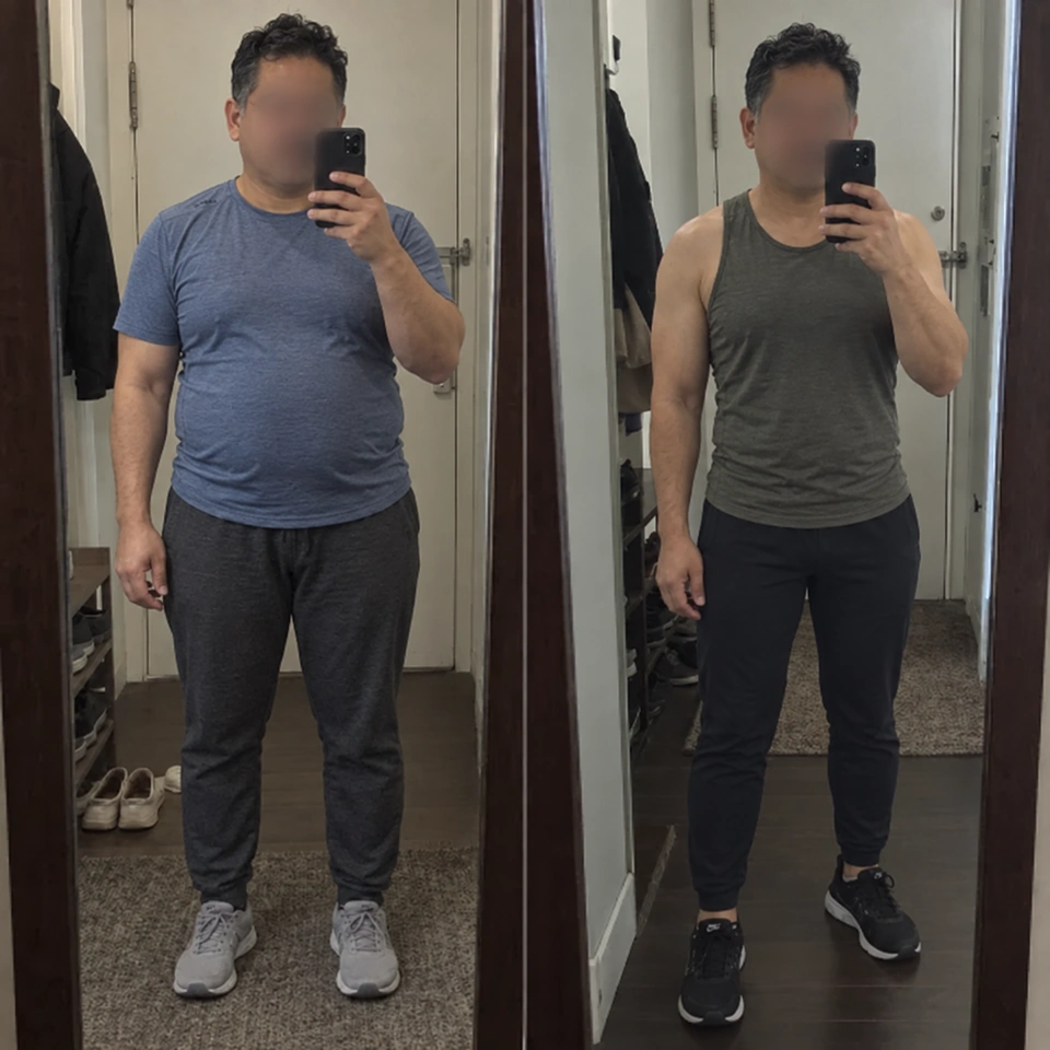 Paired before-and-after photographs of Miguel, with his face blurred in both views