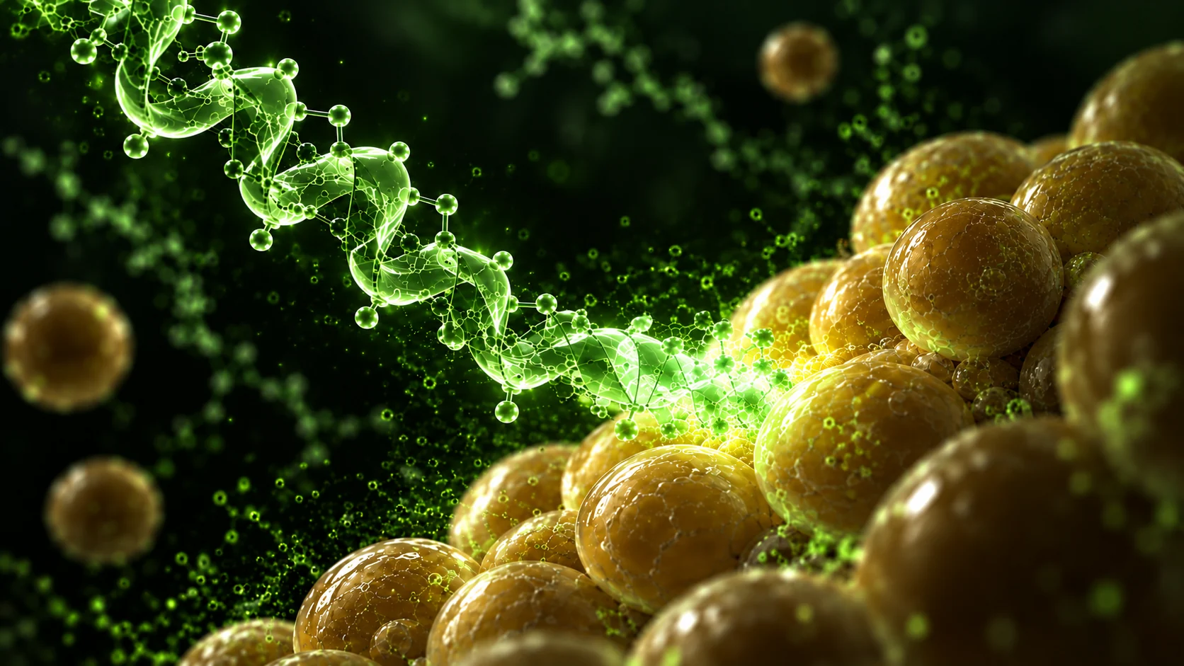 Conceptual visualization of a peptide ribbon approaching stylized adipose cells